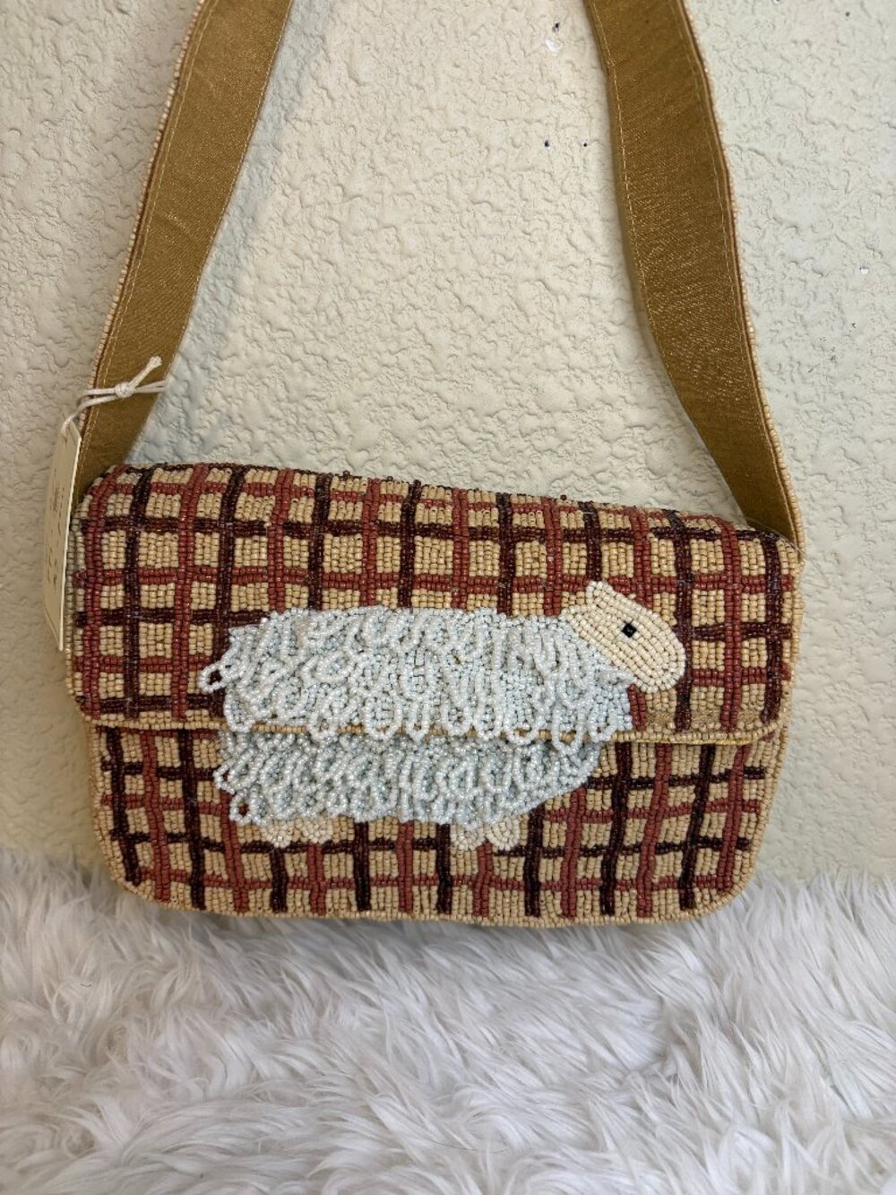 Viral 3D Sheep Beaded Shoulder Bag Plaid TikTok Quirky Farmcore NWT - Picture 1 of 9